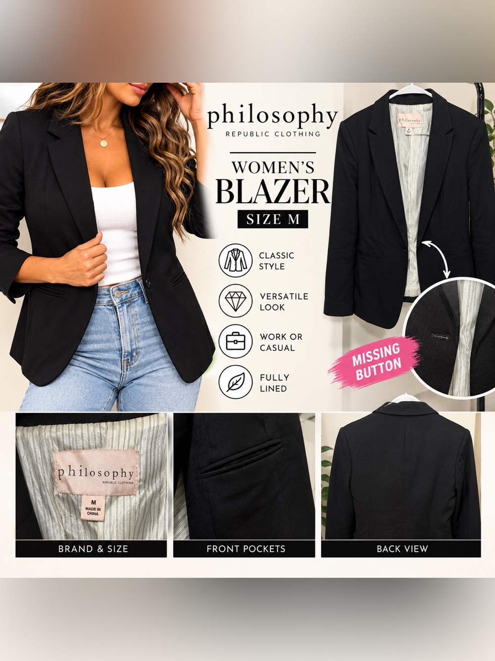 Philosophy Black Women's Blazer -Tailored Classic size Med- missing Button AS IS